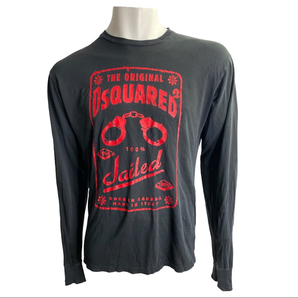 Dsquared2 Mens Black Long Sleeve Tshirt Jailed Handcuff Graphic Says L fits Med